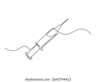 Ilustração do desenho do contorno da seringa médica. um desenho de linha contínua da seringa - equipamento médico.