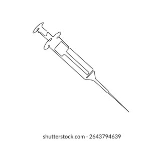 Ilustração do desenho do contorno da seringa médica. um desenho de linha contínua da seringa - equipamento médico.