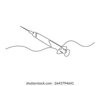 Ilustração do desenho do contorno da seringa médica. um desenho de linha contínua da seringa - equipamento médico.