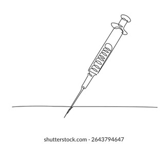 Ilustração do desenho do contorno da seringa médica. um desenho de linha contínua da seringa - equipamento médico.