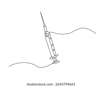 Medical syringe outline drawing illustration. one continuous line drawing of syringe- medical equipment.