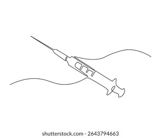 Ilustração do desenho do contorno da seringa médica. um desenho de linha contínua da seringa - equipamento médico.