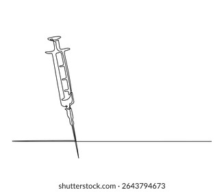 Ilustração do desenho do contorno da seringa médica. um desenho de linha contínua da seringa - equipamento médico.