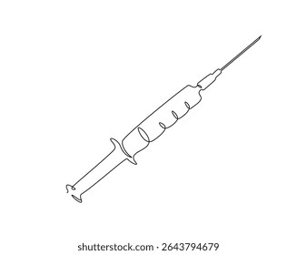 Ilustração do desenho do contorno da seringa médica. um desenho de linha contínua da seringa - equipamento médico.