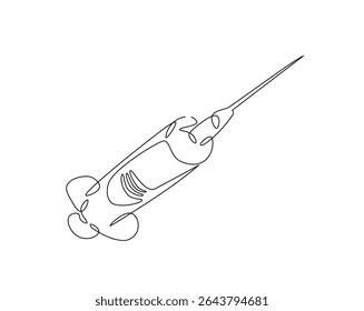 Ilustração do desenho do contorno da seringa médica. um desenho de linha contínua da seringa - equipamento médico.