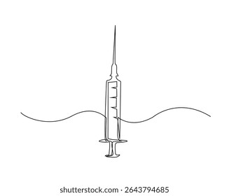 Ilustração do desenho do contorno da seringa médica. um desenho de linha contínua da seringa - equipamento médico.