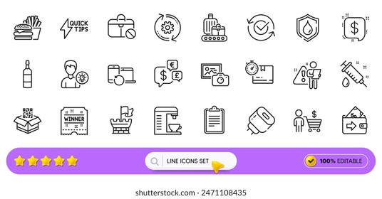 Medical syringe, Person idea and Buyer line icons for web app. Pack of Cardboard box, Recovery devices, Qr code pictogram icons. Cogwheel, Brandy bottle, Waterproof signs. Shield. Search bar. Vector