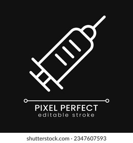 Medical syringe pixel perfect white linear icon for dark theme. Vaccine. Medication dosage. Thin line illustration. Isolated symbol for night mode. Editable stroke. Poppins font used