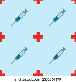 Medical syringe and red cross, seamless pattern, vector. Medical syringe and red cross on a blue background.