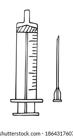 Medical syringe and separate needle. Hand drawn contour sketch. Black and white. Doodle.