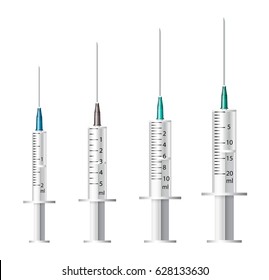 Medical syringe. Set of disposable plastic syringes of different sizes for subcutaneous and intramuscular injections. Vector illustration.
