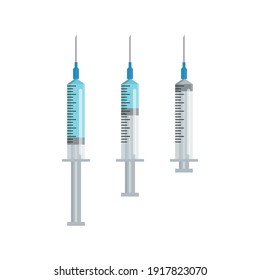 Medical syringe set. Syringe for injection, empty, with blue liquid. Flat vector illustration