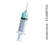 Medical syringe with a sharp needle is filled with a blue liquid medicine