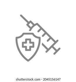 Medical syringe and shield with cross line icon. Vaccination of the population, preventive measures, immunization symbol