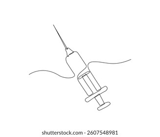 Medical syringe simple outline illustration. Continuous line drawing of Injection Syringe.