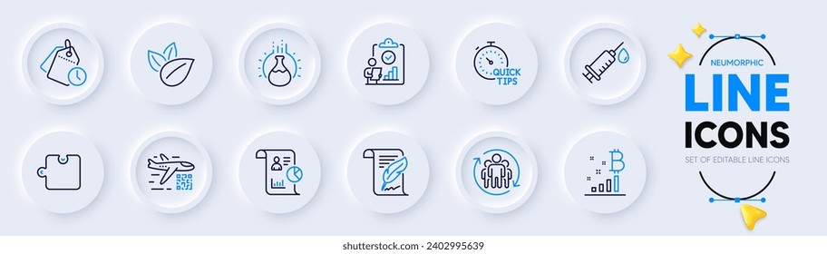 Medical syringe, Time management and Inspect line icons for web app. Pack of Report, Puzzle, Quick tips pictogram icons. Teamwork, Qr code, Bitcoin graph signs. Feather, Organic product. Vector