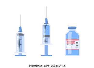 Medical syringe and vaccine bottle. Covid-19 coronavirus vaccine injection. Virus immunity. Vector illustration isolated on white background
