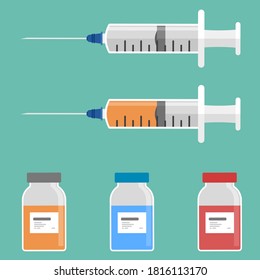 Medical syringe with vaccine bottles.Syringe and vaccine bottle illustration from pandemic collection.