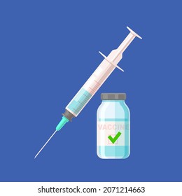 Medical syringe and vaccine vial. Approved vaccine concept. Vector illustration