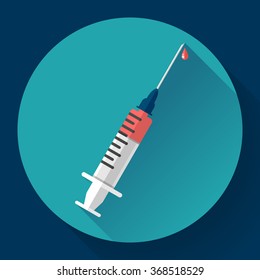 Medical syringe vector flat style icon on round badge with long shadow