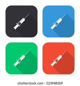 Medical syringe vector icon - colored illustration (gray blue green red)  with long shadow
