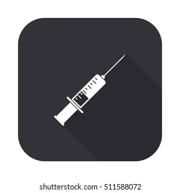 Medical syringe vector icon - squared button  with long shadow
