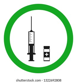 Medical syringe and vial in green circle. Vaccination symbol. Vector icon.