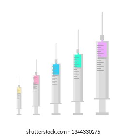 medical syringes with different color liquid as bar graph isolated on white background; medicine dosage concept. vector illustration