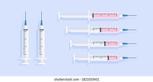 Medical Syringes With Different Dosage Vaccines. Syringes On A Light Blue Background Flat Style. Vector Illustration