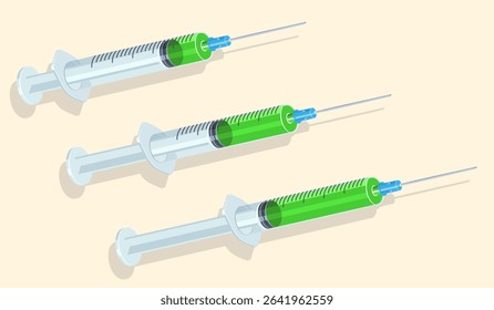 Medical syringes with green liquid on beige background. Injection set shows different doses. Use for themes related to vaccination and treatments.