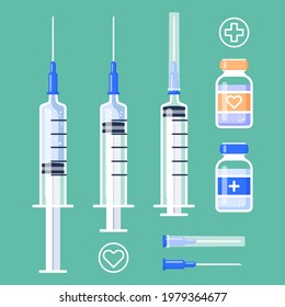 Jeringas médicas e íconos del vial de la vacuna. Jeringa desechable, jeringa de vacuna, inyección, jeringa vacía, aguja, frasco de medicamento líquido. Concepto del coronavirus Covid-19. Ilustración vectorial. 
