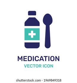 Medical syrup bottle with spoon vector icon.