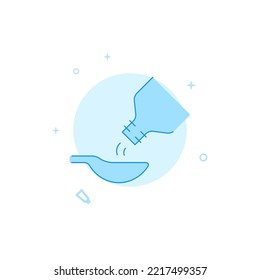 Botella de jarabe médico e icono vectorial de cuchara. Ilustración plana. Estilo de línea relleno. Diseño monocromo azul. Trazo editable. Ajustar el peso de la línea.