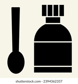 Icono sólido jarabe médico. Frasco de medicamento y pictograma estilo glifo cuchara de medida sobre fondo blanco. Mezcla de tos para el concepto móvil y el diseño web. Gráficos vectoriales