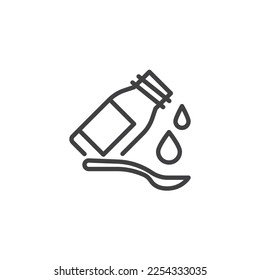 Medical syrup with spoon line icon. linear style sign for mobile concept and web design. Cold medicine bottle outline vector icon. Symbol, logo illustration. Vector graphics