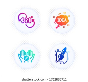 Medical tablet, 360 degree and Idea icons simple set. Button with halftone dots. Painting brush sign. Medicine pill, Virtual reality, Creative message. Graphic art. Business set. Vector