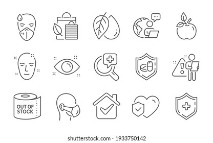 Medical tablet, Bio shopping and Mineral oil line icons set. Life insurance, Medical shield and Eco food signs. Toilet paper, Health eye and Sick man symbols. Health skin. Line icons set. Vector