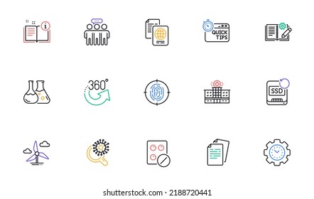 Medical tablet, Coronavirus research and 360 degrees line icons for website, printing. Collection of Quick tips, Documents, Employees group icons. Passport document, Hospital building. Vector