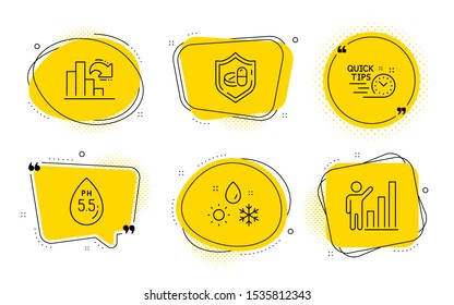 Medical tablet, Decreasing graph and Graph chart signs. Chat bubbles. Ph neutral, Weather and Quick tips line icons set. Water, Climate, Helpful tricks. Medicine pill. Science set. Vector