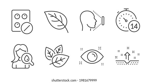 Medical tablet, Face id and Moisturizing cream line icons set. Leaf, Quarantine and Clean skin signs. Organic tested, Health eye symbols. Medicine pill, Identification system, Face lotion. Vector