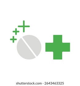 Medical tablet icon with cross and sparkles. This design is suitable for use in healthcare-related apps, pharmaceutical branding, wellness infographics, and drug safety materials.