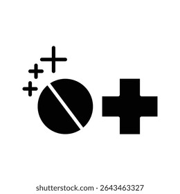 Medical tablet icon with cross and sparkles. This design is suitable for use in healthcare-related apps, pharmaceutical branding, wellness infographics, and drug safety materials.