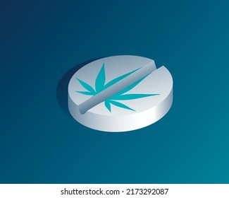 Medical Tablet With A Marijuana Leaf  (Cannabis Sativa) Printed On It. Marijuana Pills May Be Better For Pain Relief. Chemotherapy Treatment Concept. Vector Illustration