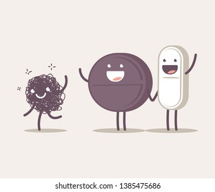 Medical tablet, pill and virus vector cartoon cute characters isolated on background.