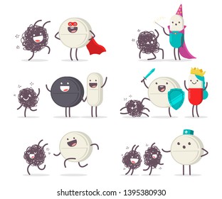 Medical tablet, pills and virus vector cartoon cute characters set isolated on a white background.