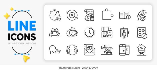 La tableta médica, el rompecabezas y los iconos de la línea del elevador fijados para el App incluyen el tiempo, la letra del amor, el icono delgado del contorno de la taza de café. Hipoalergénico probado, Tarjeta, Hechos icono pictograma. Temporizador, parrilla casera. Vector