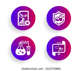 Medical tablet, Report and Chemistry lab icons simple set. Halftone dots button. Target path sign. Medicine pill, Presentation document, Laboratory. Business aim. Business set. Vector