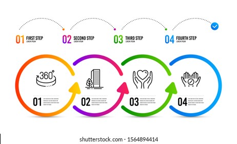 Panneau de la tablette médicale. Chronologie de l'infographie. Maintenez coeur, Bâtiments et ensemble d'icônes de ligne de 360 degrés. Amitié, architecture de la ville, rotation complète. Pilule de médecine. Business set. Icône de coeur. Image vectorielle