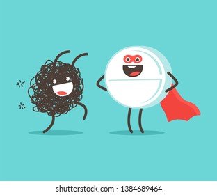 Medical tablet superhero and virus vector cartoon cute characters isolated on background.