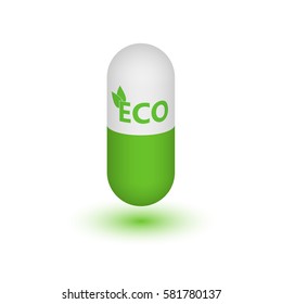 Medical tablet with the text ECO. Vector illustration. White background. Design element. Two-tone capsule. 3D picture.